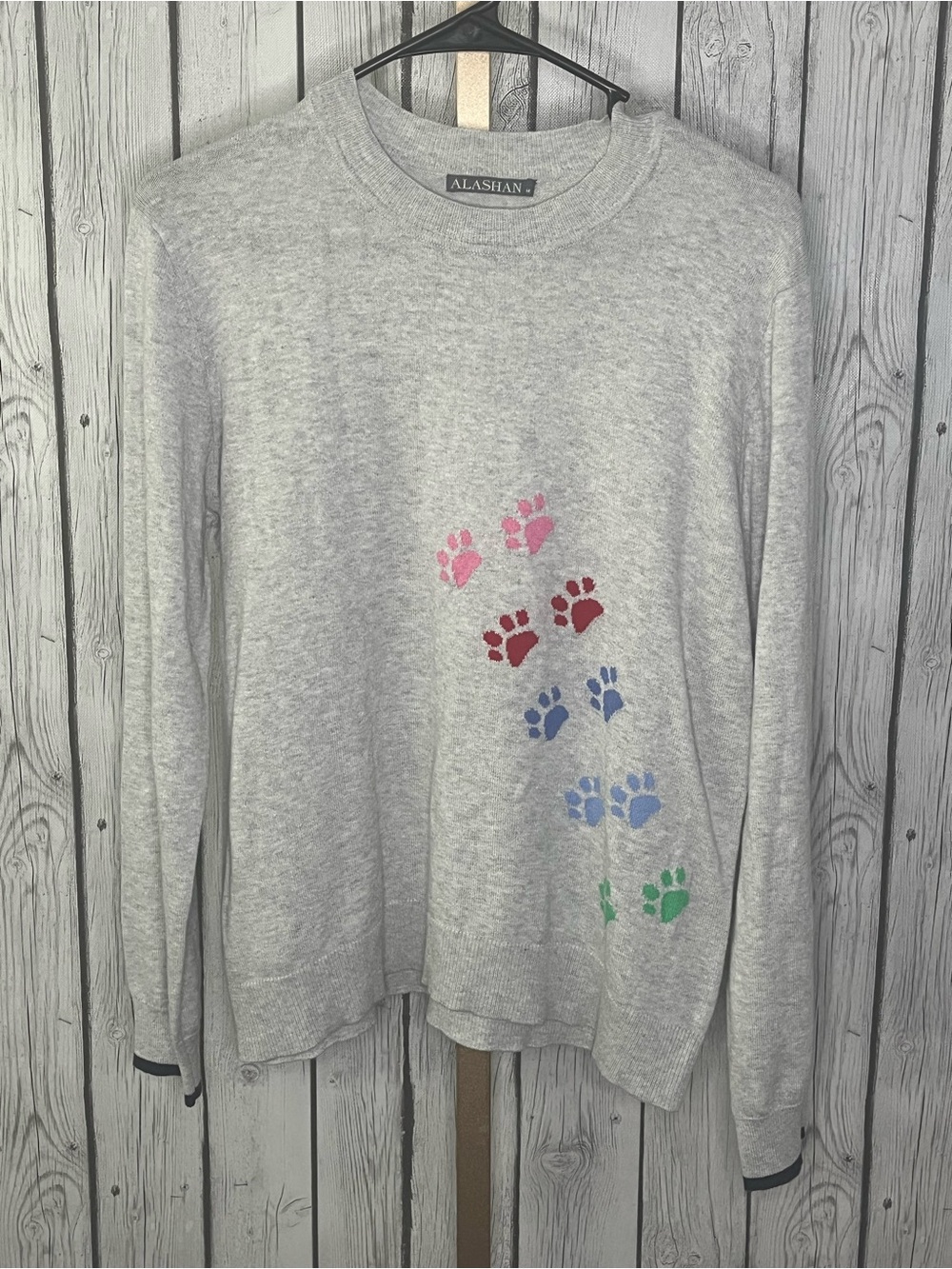 Alashan Cotton Cashmere Rainbow Paw Print Sweater M Gray Dog Lover Crewneck